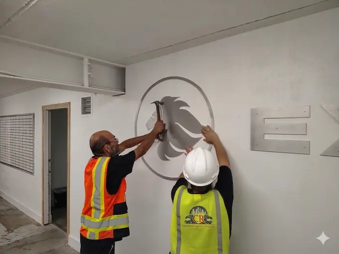 Corporate Relocators crew removing signage at client facility